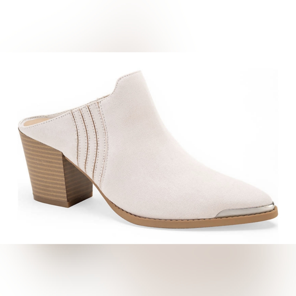 NIB Wonderly taupe Fey microsuede heeled pointed covered toe edge slip on mules